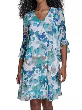 Calvin Klein Floral Blue Green Watercolor Dress Bell Sleeve V-Neck Size 6 NWOT